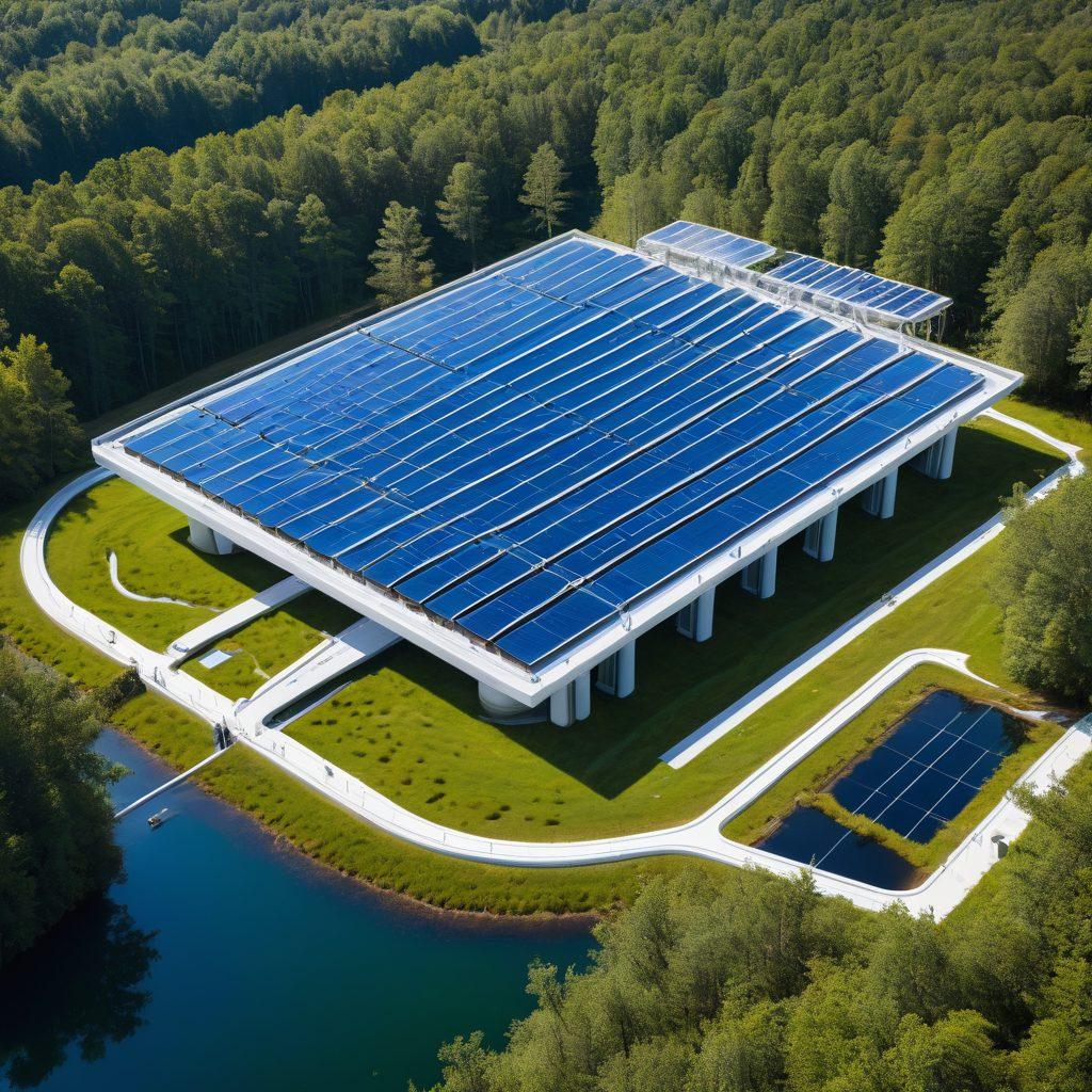 A futuristic water treatment facility showcasing advanced fluid control technology, surrounded by lush greenery symbolizing conservation. Incorporate transparent pipes flowing with clean water, solar panels on the roof, and drones monitoring the area. Include diverse experts discussing innovative solutions, with a bright blue sky in the background. super-realistic. vibrant colors. 3D.