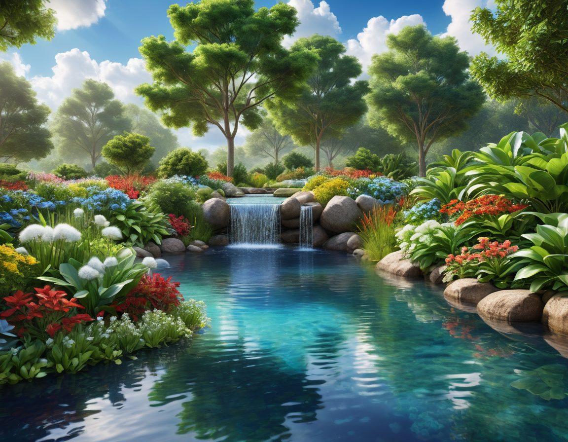A serene landscape showcasing a modern eco-friendly water management system with Magnaflo products actively in use, surrounded by lush greenery and clear water bodies. Include innovative technology interfaces displaying real-time data, smiling people enjoying nature, and vibrant flora. The sky should be bright and blue, highlighting the concept of sustainability and innovation.  super-realistic. vibrant colors. 3D.