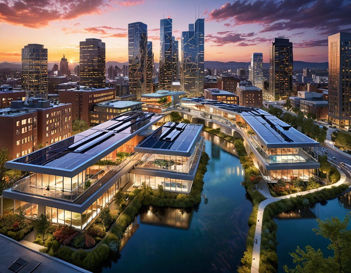 A futuristic cityscape featuring advanced water management systems with streams and channels integrated into urban architecture. Show scientists experimenting with fluid dynamics around transparent water containers, highlighting innovative technologies like Magnaflo. Include lush green rooftops and solar panels to emphasize sustainability. A vibrant sunset casts colorful reflections on the water surfaces. super-realistic. vibrant colors. 3D.
